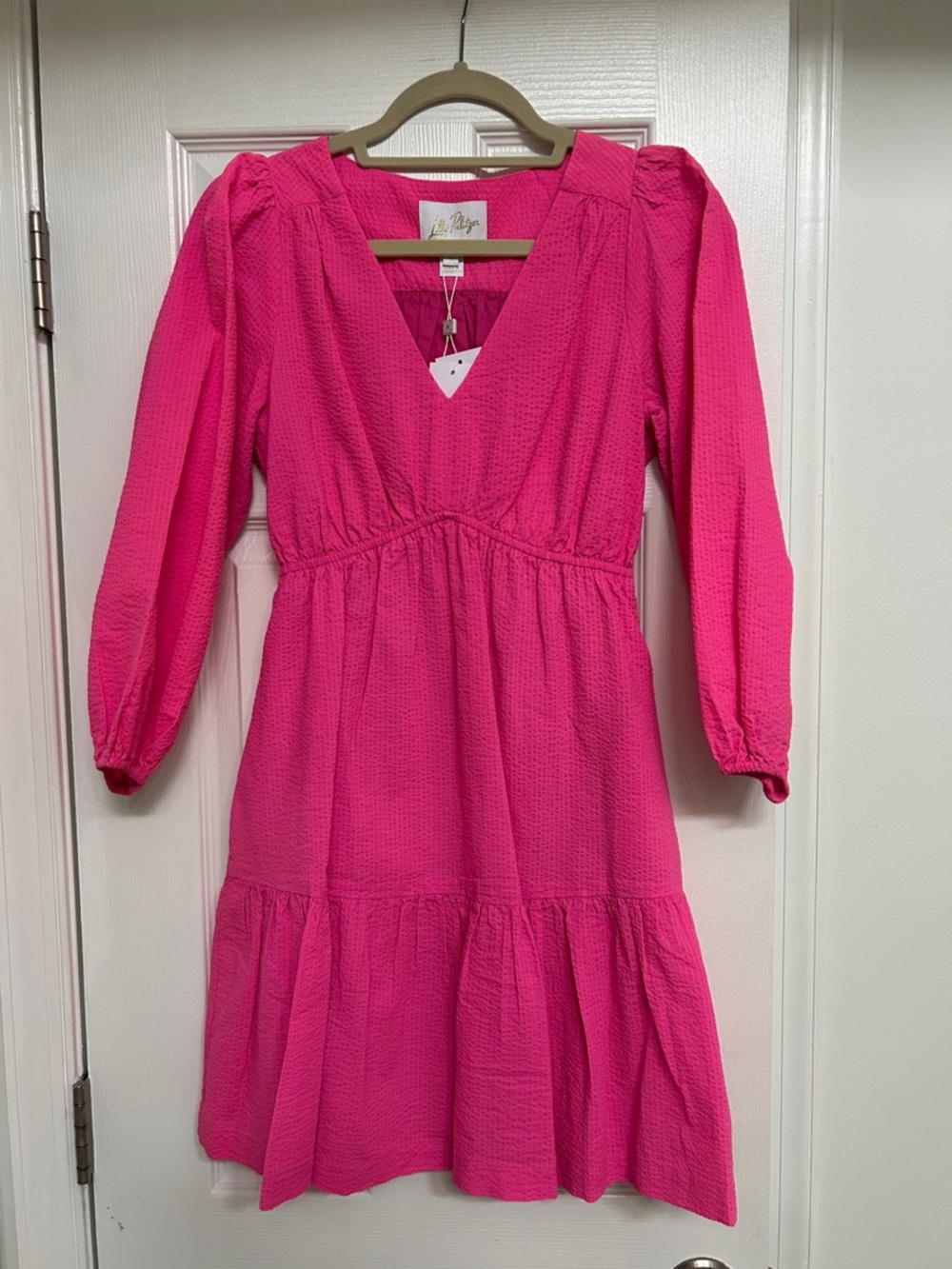 Lilly Pulitzer Hot Pink V-Neck Tiered Long Sleeve Dress